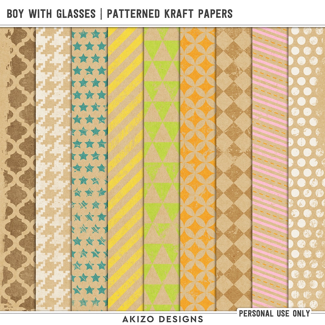 Boy With Glasses | Patterned Kraft Papers by Akizo Designs | Digital Scrapbooking